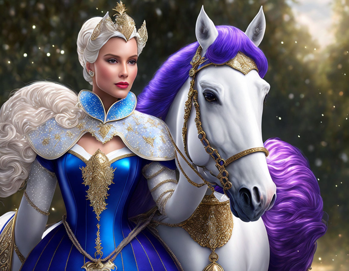 Woman in blue and gold dress with crown next to white horse in magical forest