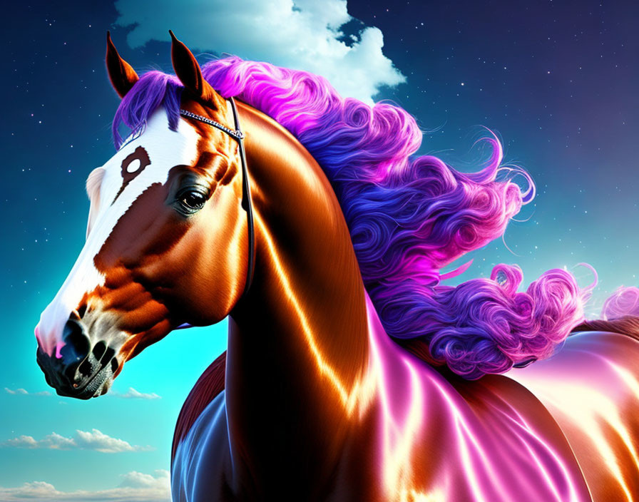 Stylized horse with shiny coat and purple mane against blue sky