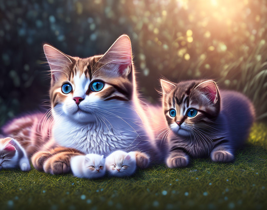 Fluffy Tabby Cats with Blue Eyes Relaxing in Sunlit Grass