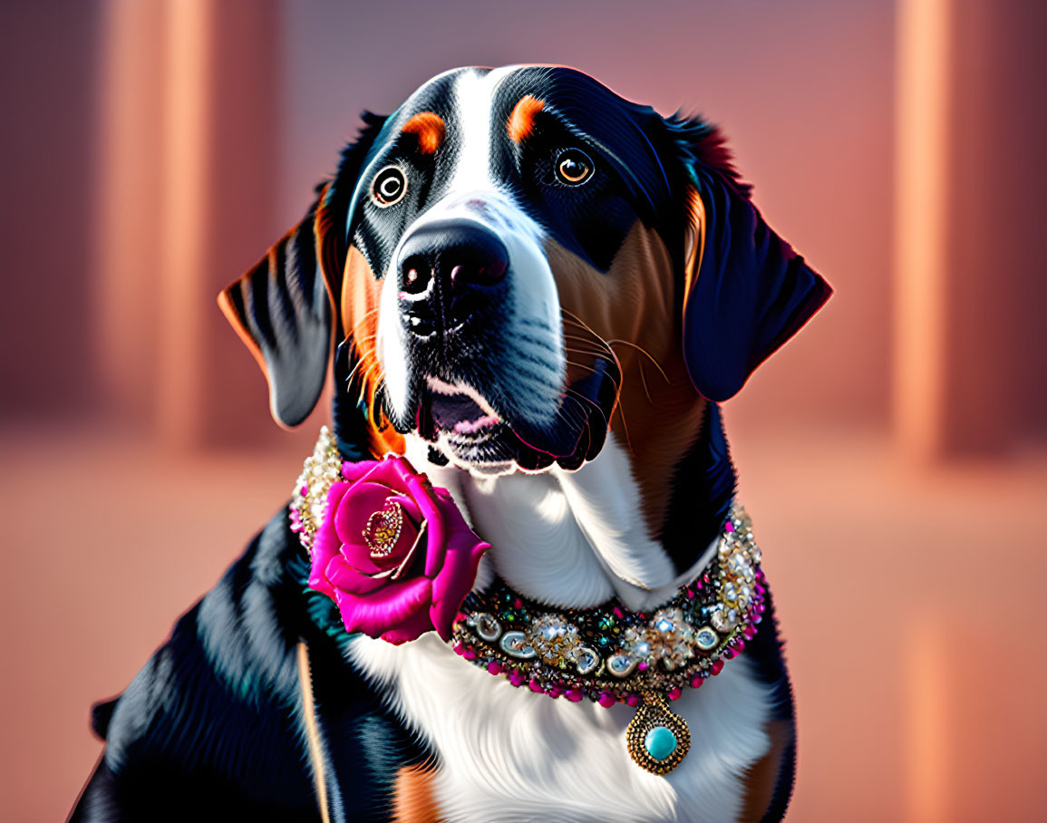 Tricolor Bernese Mountain Dog with pink flower and necklace on soft pink background