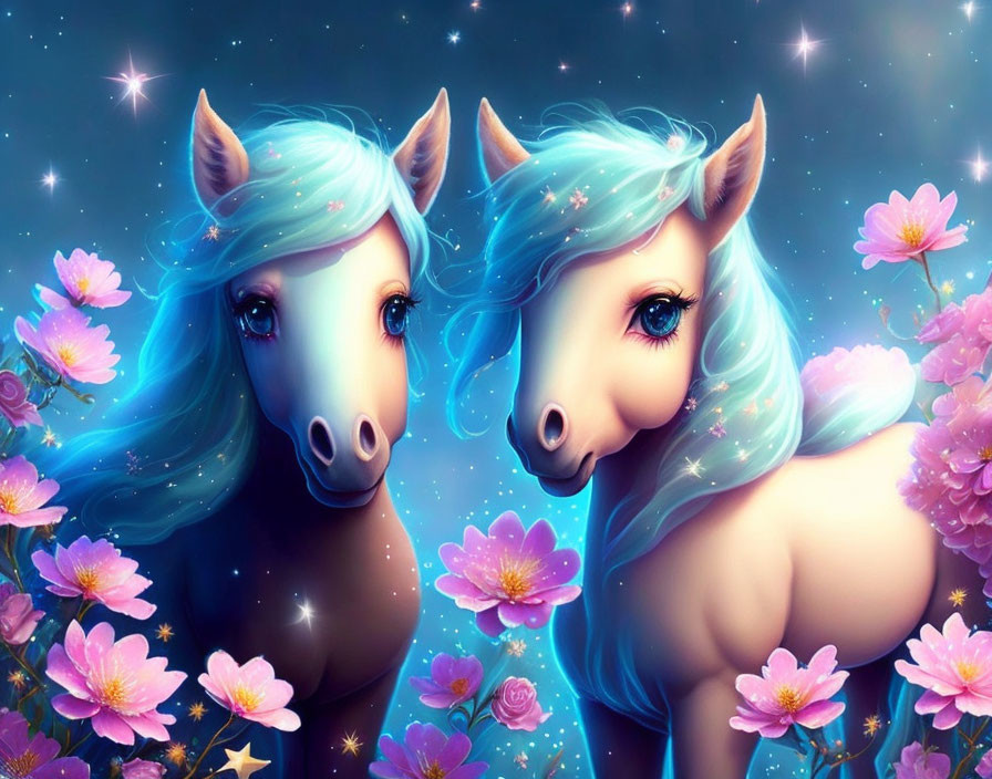 Animated unicorns with blue manes in pink flower and star scene.