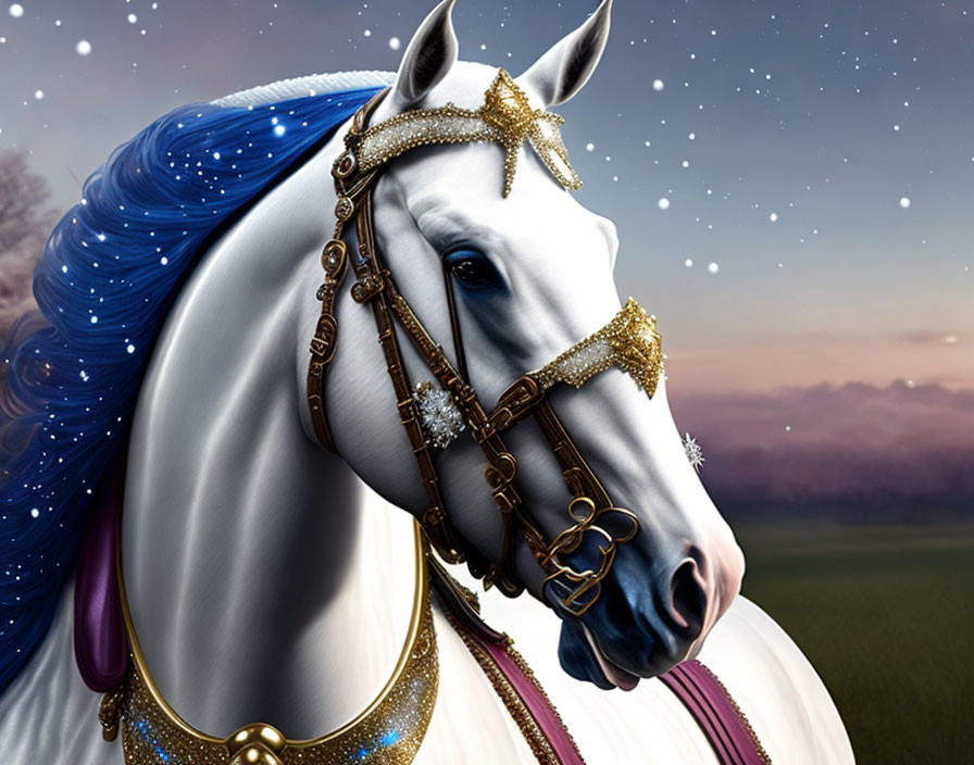 Majestic white horse with blue mane in jeweled harness under twilight sky