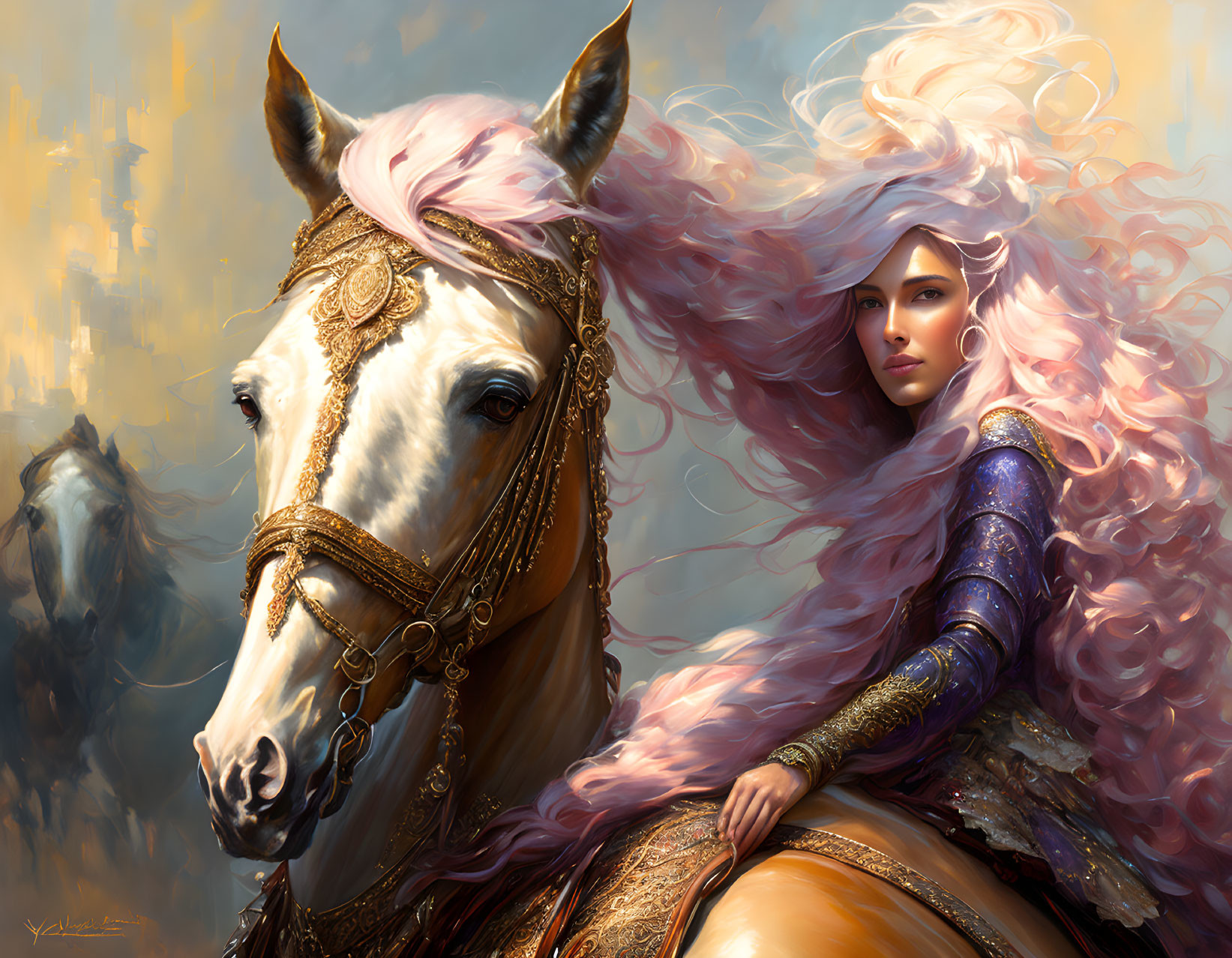 Fantasy artwork: Woman with pink hair in ornate armor riding white horse under cloudy sky