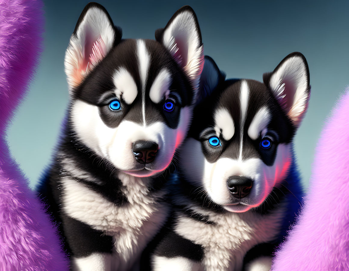 Digitally Rendered Husky Puppies with Blue Eyes and Black/White Fur