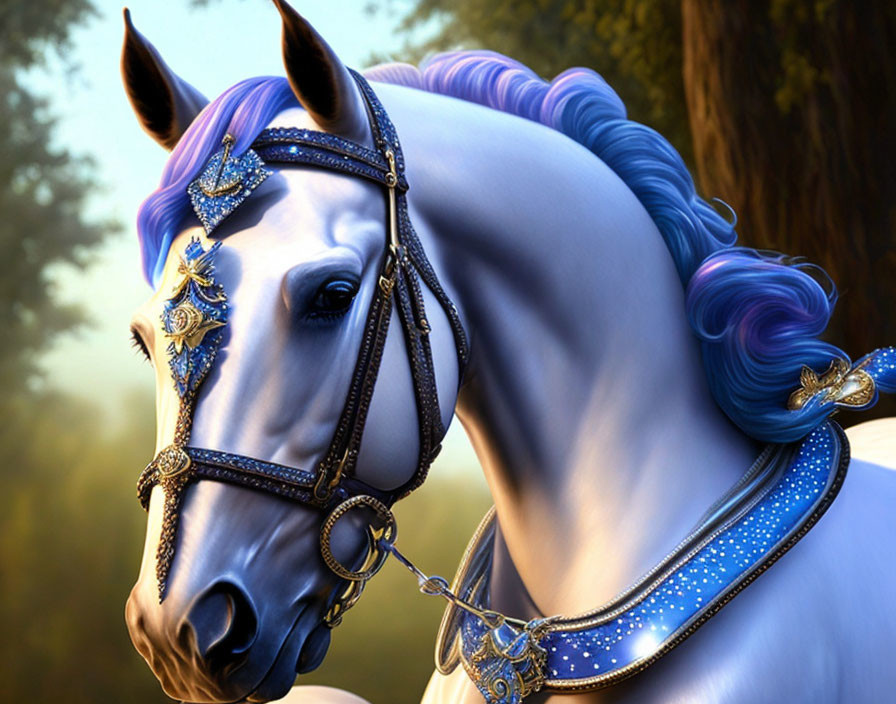 White horse with blue mane and ornate bridle in forest setting