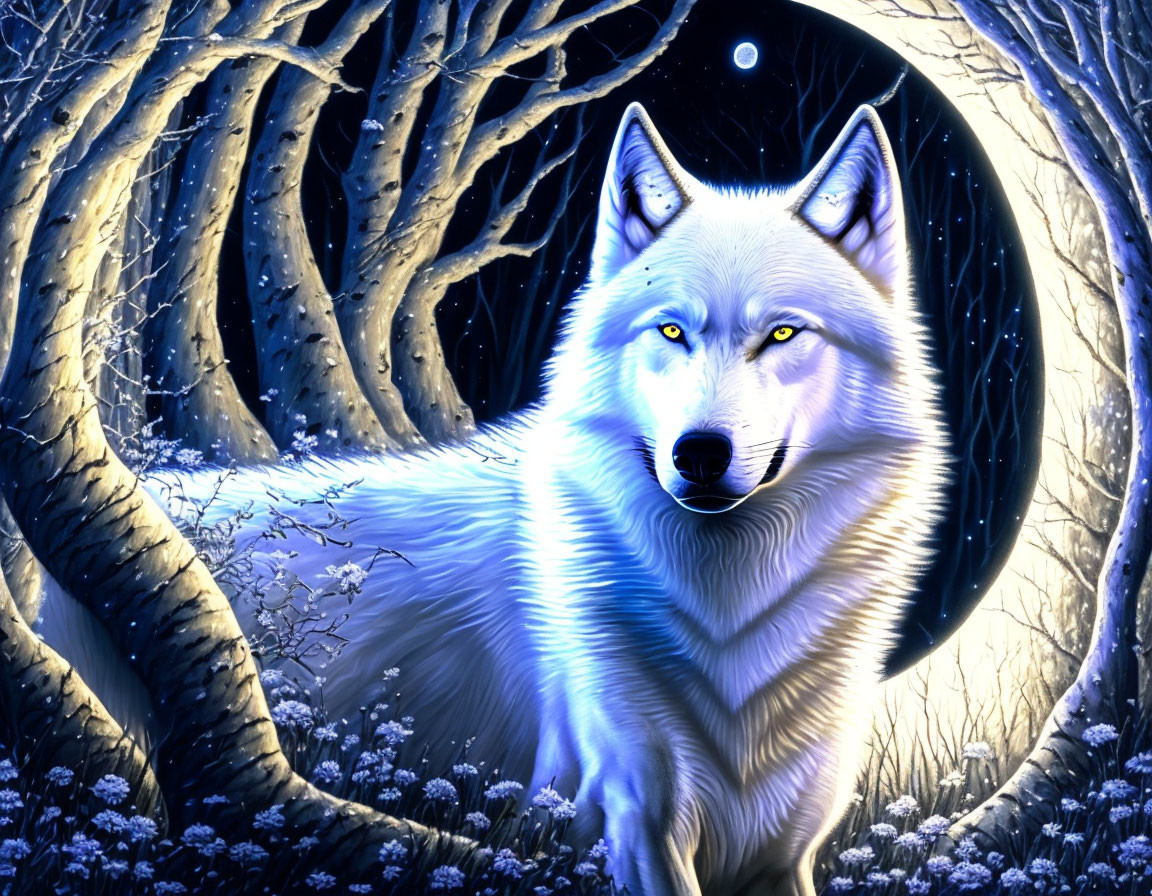 White wolf in snowy forest under full moon