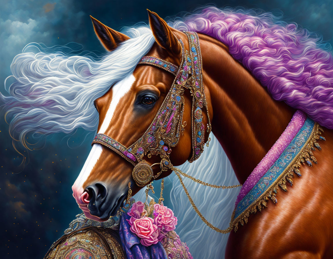 Majestic horse with purple mane and jewelry in cloudy sky scene