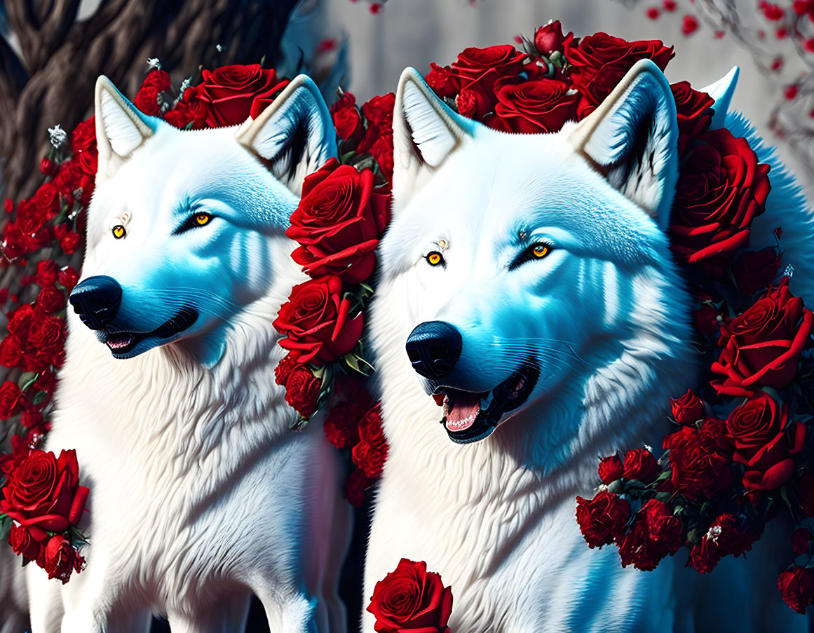 Stylized white wolves with yellow eyes and red roses on floral background