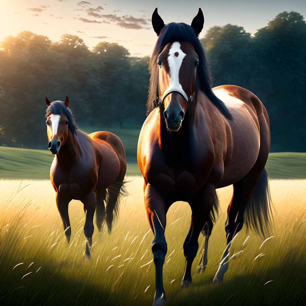 Sunlit field with two trotting horses and trees