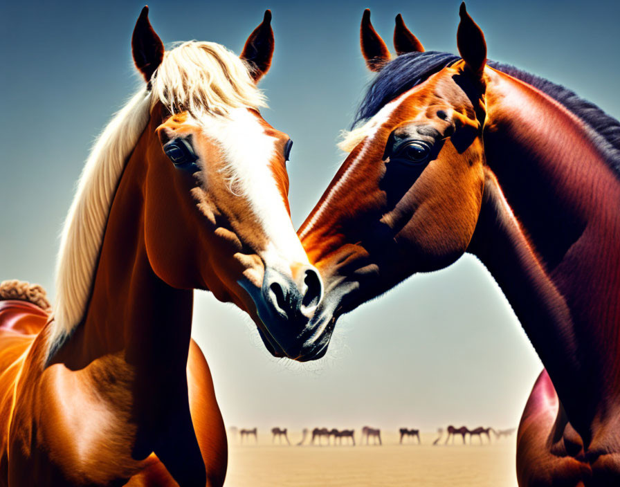 White and brown horses standing with herd under clear sky