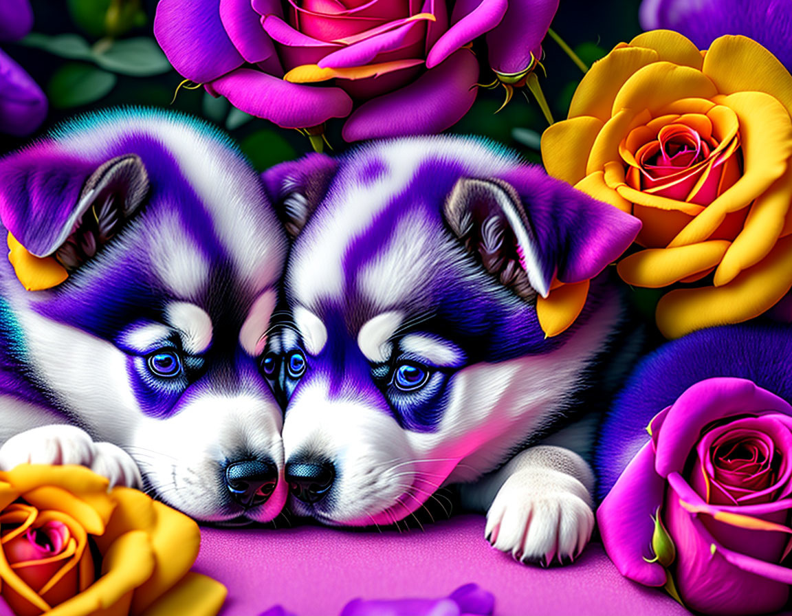 Vibrantly colored husky puppies with blue eyes among purple and yellow roses