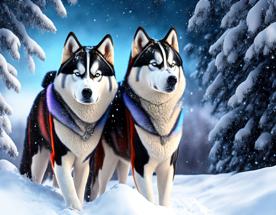 Two Siberian Huskies in Snowy Landscape with Scarves