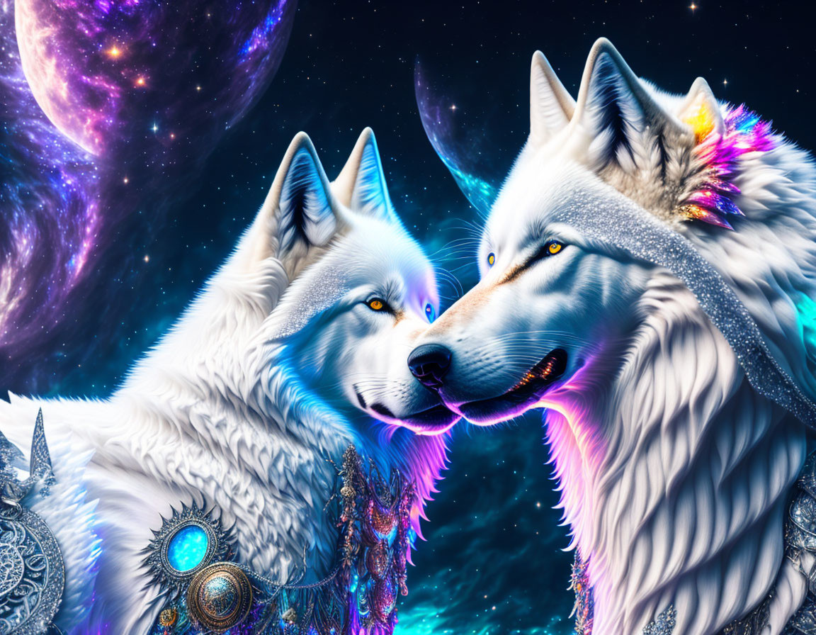 Stylized wolves with celestial elements in vibrant colors on cosmic background