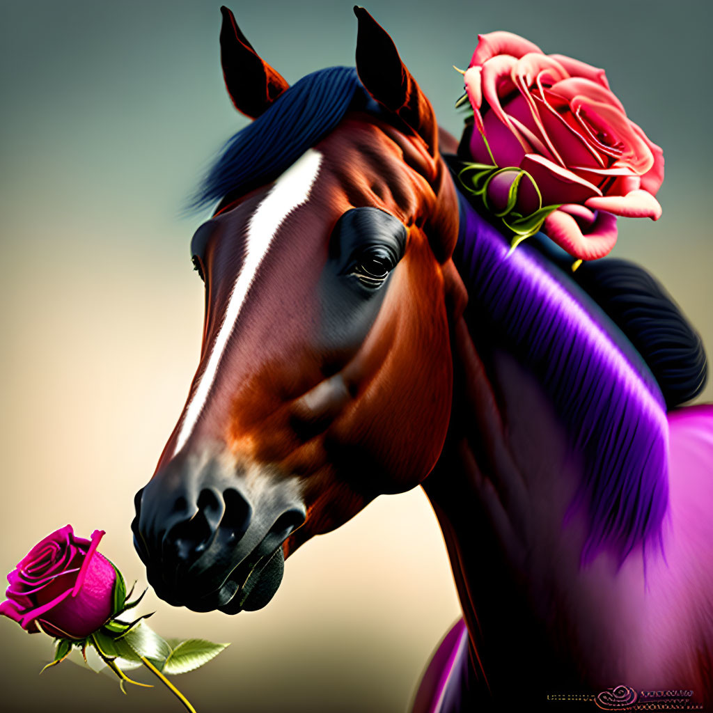 Vibrant purple-maned horse holding pink rose on gradient background