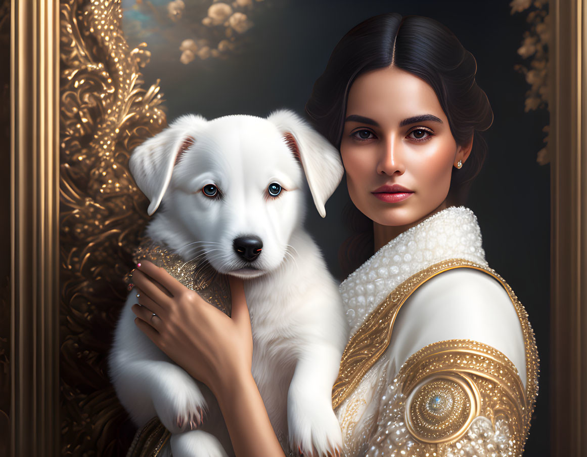 Dark-haired woman in white outfit holding a white puppy against ornate backdrop