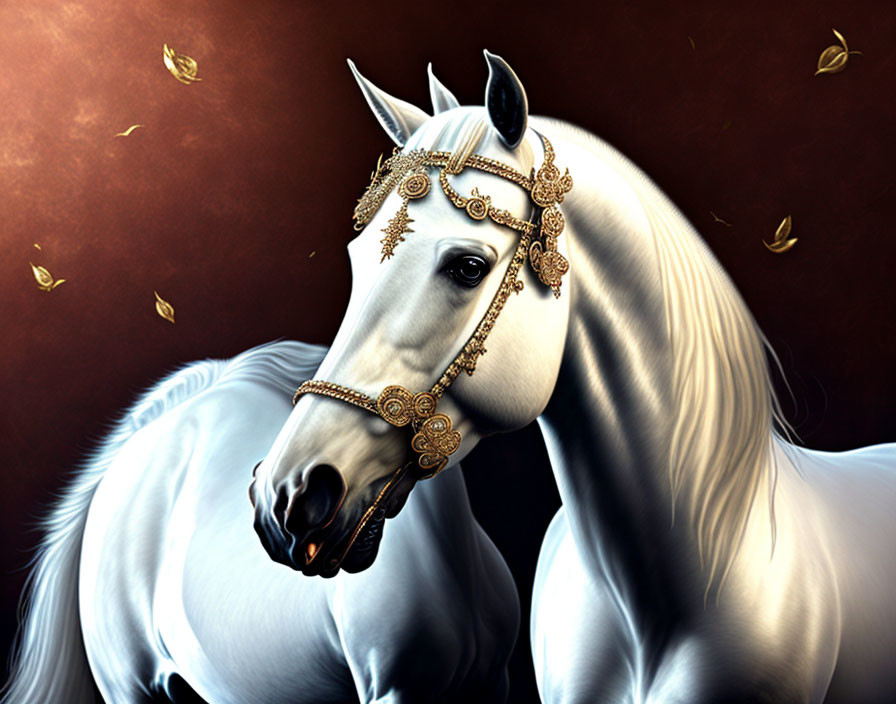 White Horse with Golden Headgear on Dark Background and Floating Golden Leaves