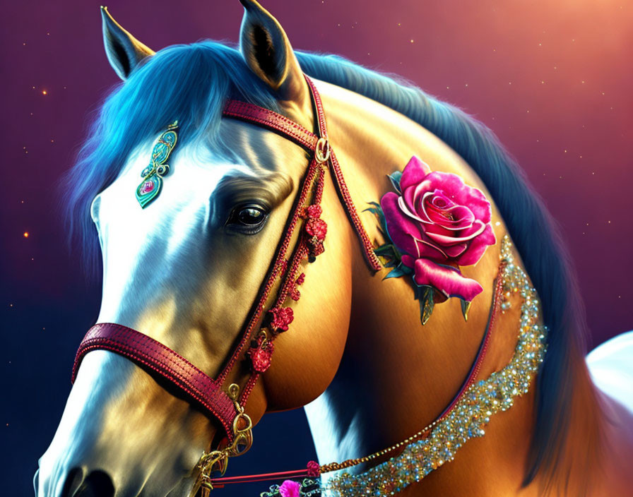 Golden-maned horse with rose and jewelry on starry backdrop