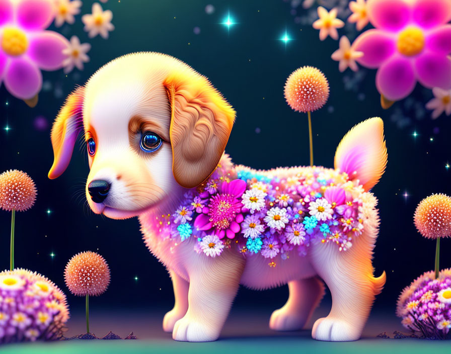 Colorful Puppy Illustration Surrounded by Flowers and Dandelions