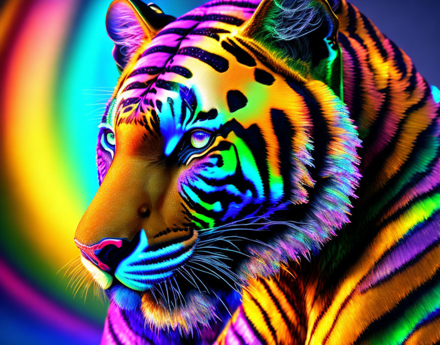 Colorful Rainbow Tiger on Multicolored Swirl Background