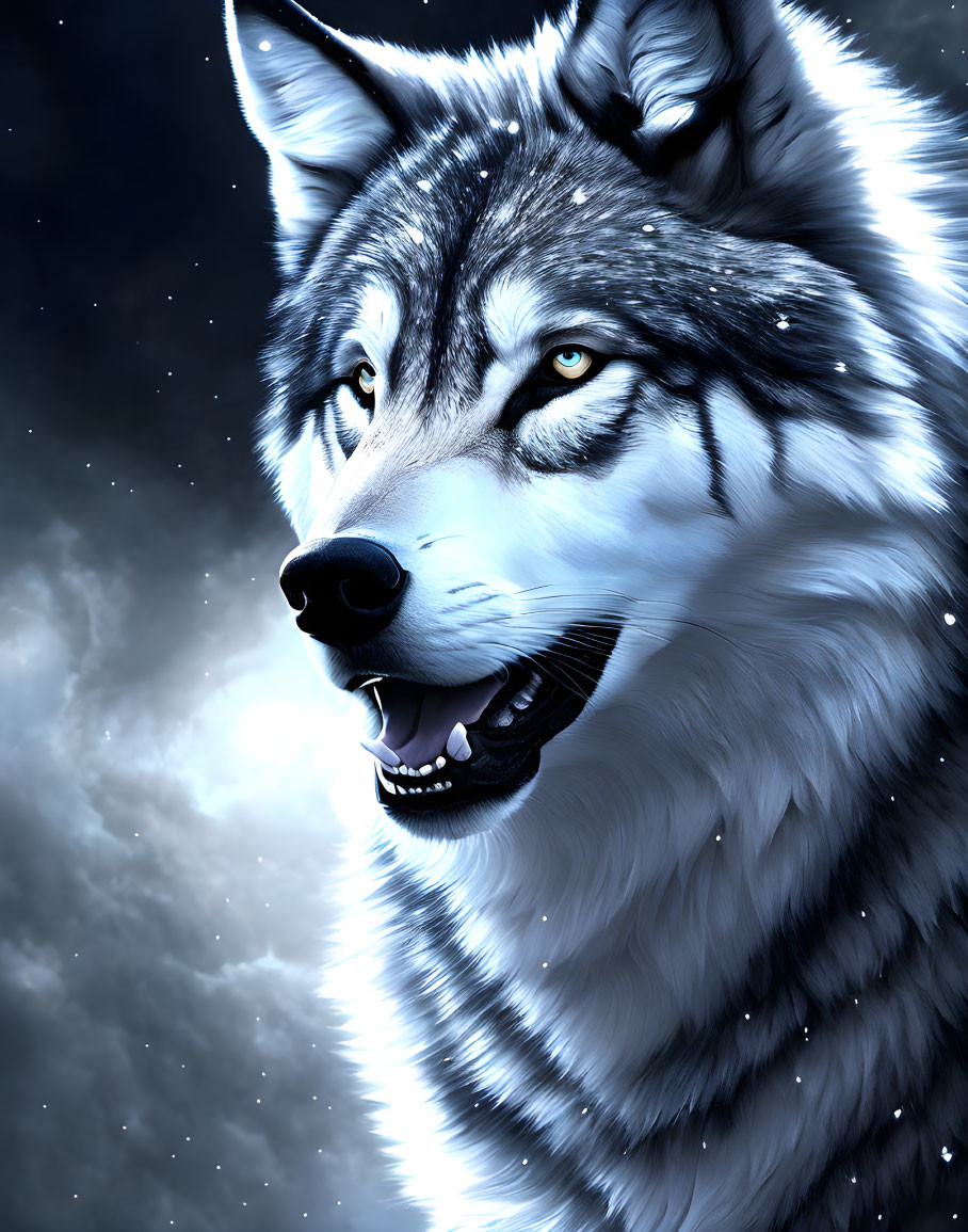 Detailed digital artwork: Wolf's head close-up under starry sky