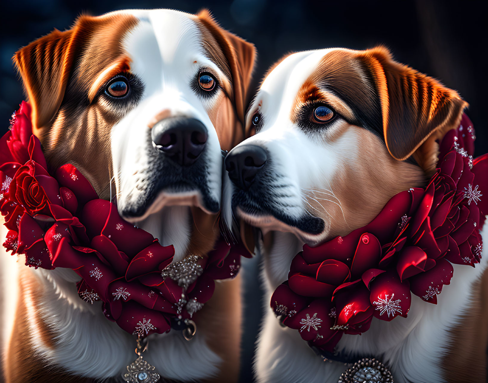 Brown and White Dogs with Red Floral Wreaths on Dark Background