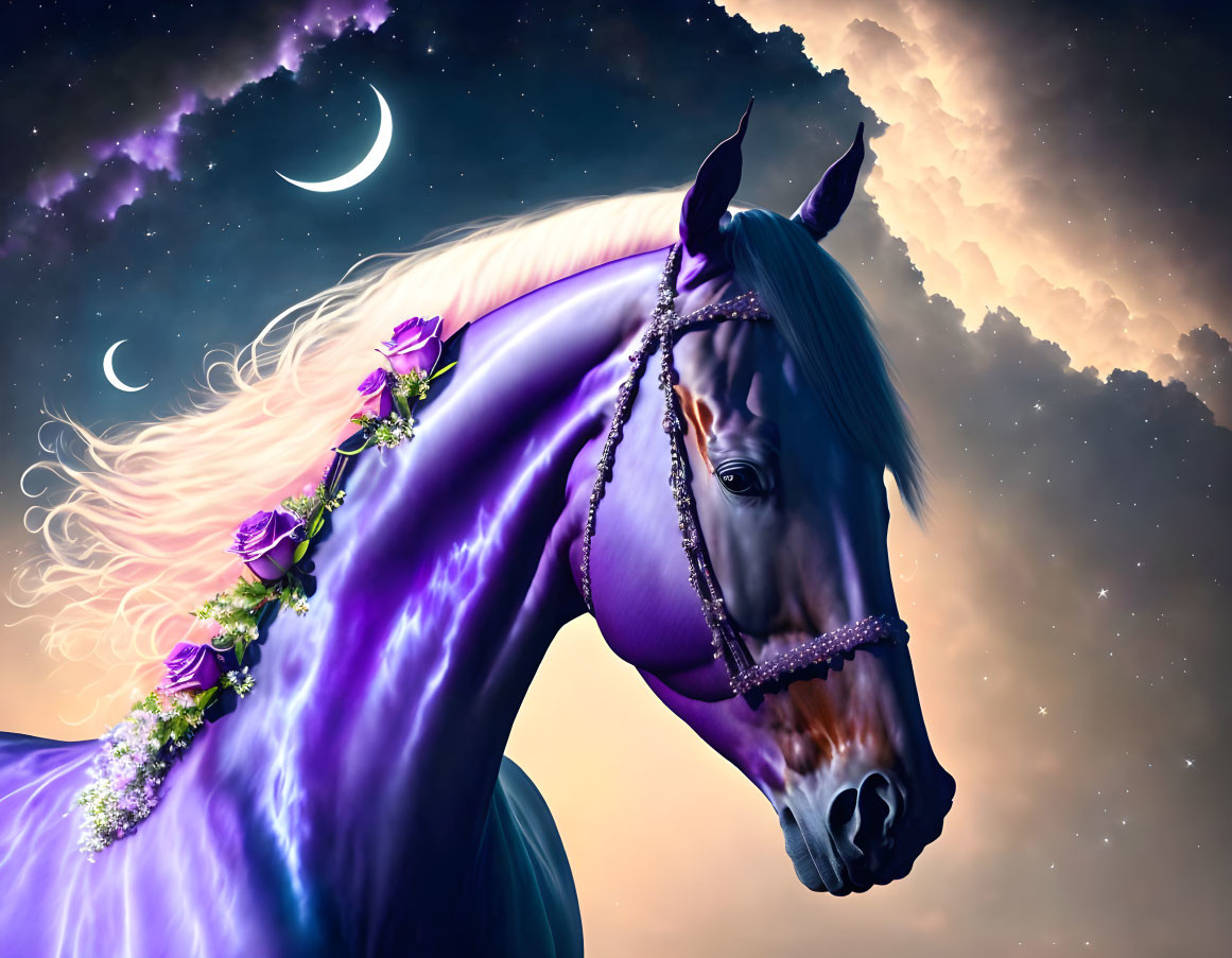 Majestic horse with purple flowers and beads under mystical night sky