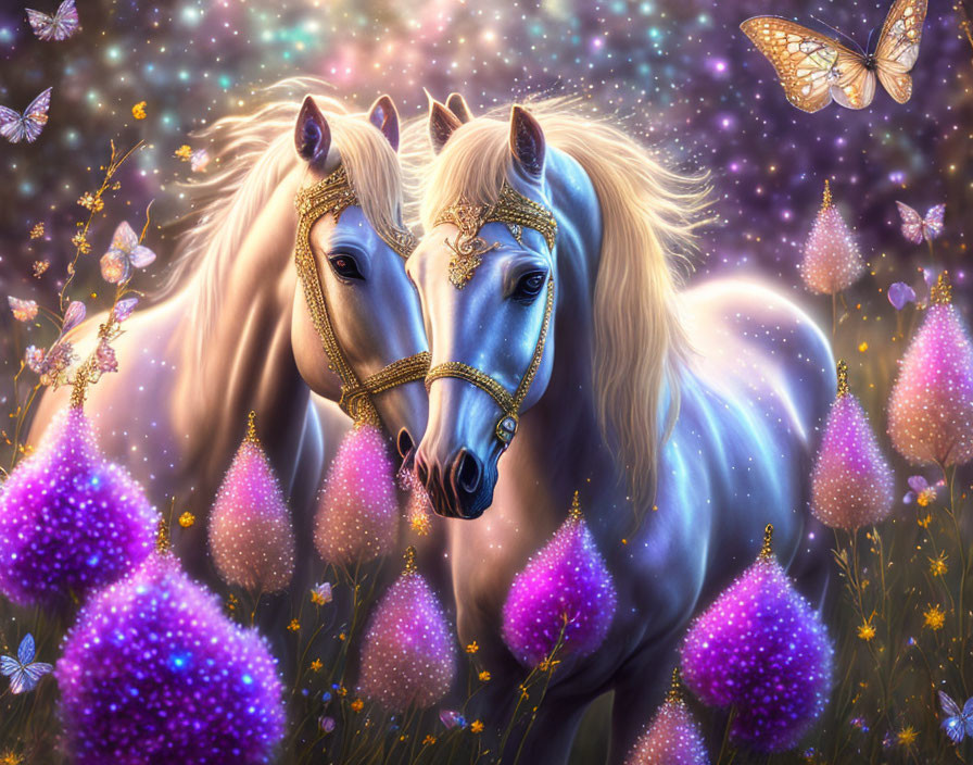 Fantastical meadow scene with white horses, golden bridles, purple flowers, butterflies, and