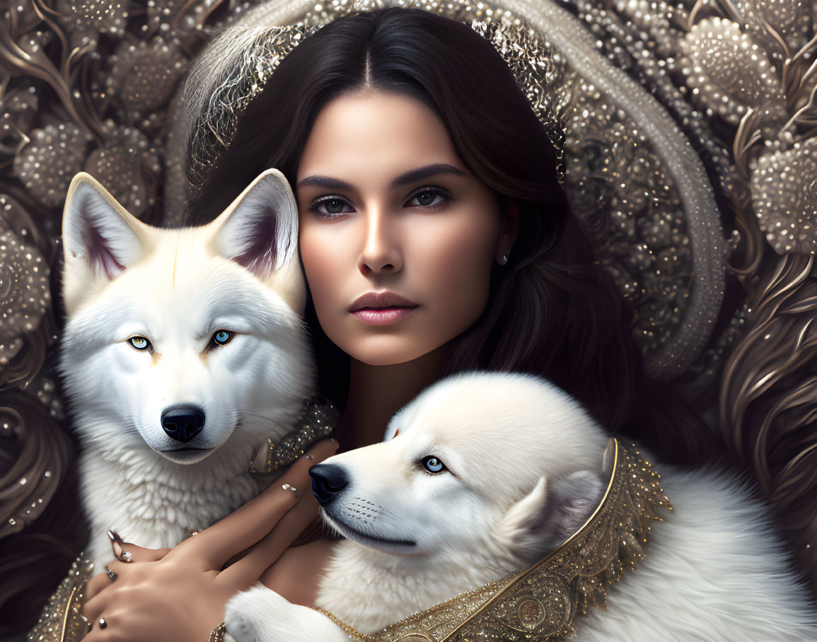 Dark-Haired Woman with Gold Adornments and White Wolves on Ornate Background