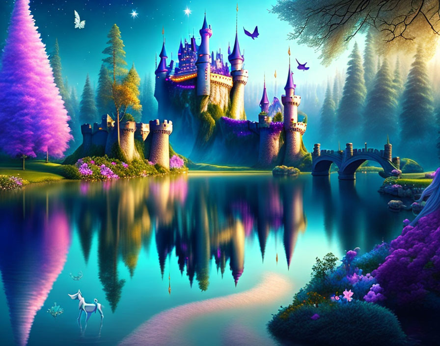 Colorful fantasy landscape: castle, trees, lake, and unicorn