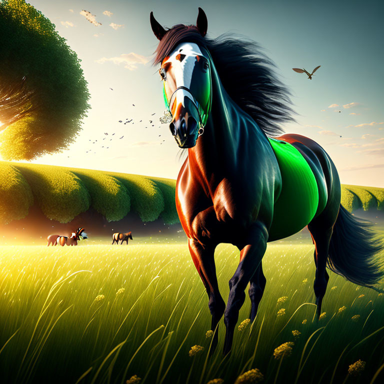 Majestic horse galloping in vibrant field with butterflies and grazing horses.