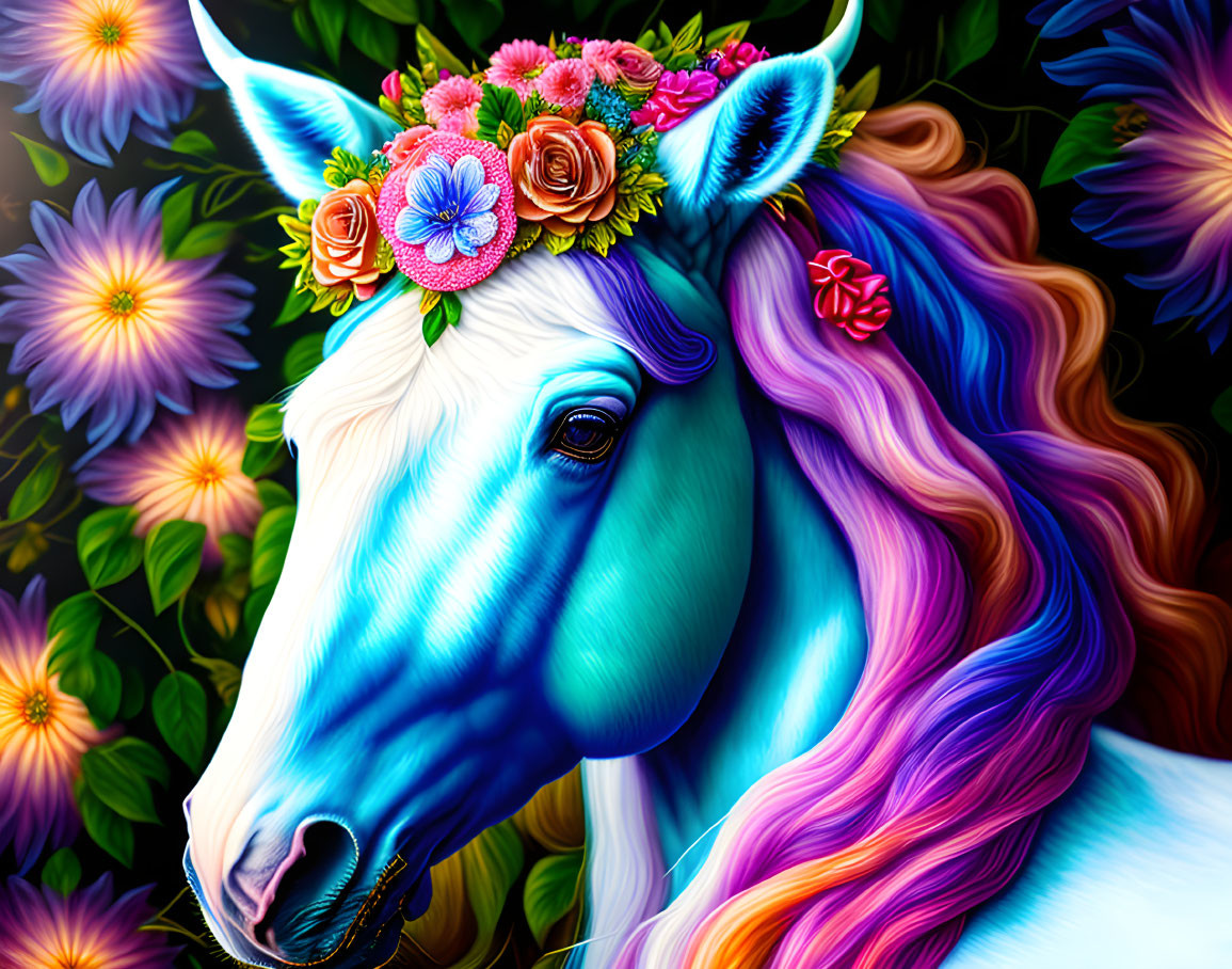 Colorful Unicorn with Flower Crown on Dark Floral Background