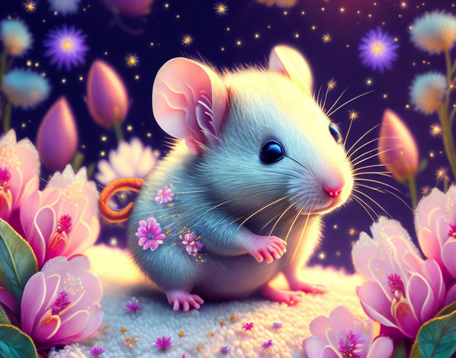 Illustration: Cute mouse with pink flowers under starry sky