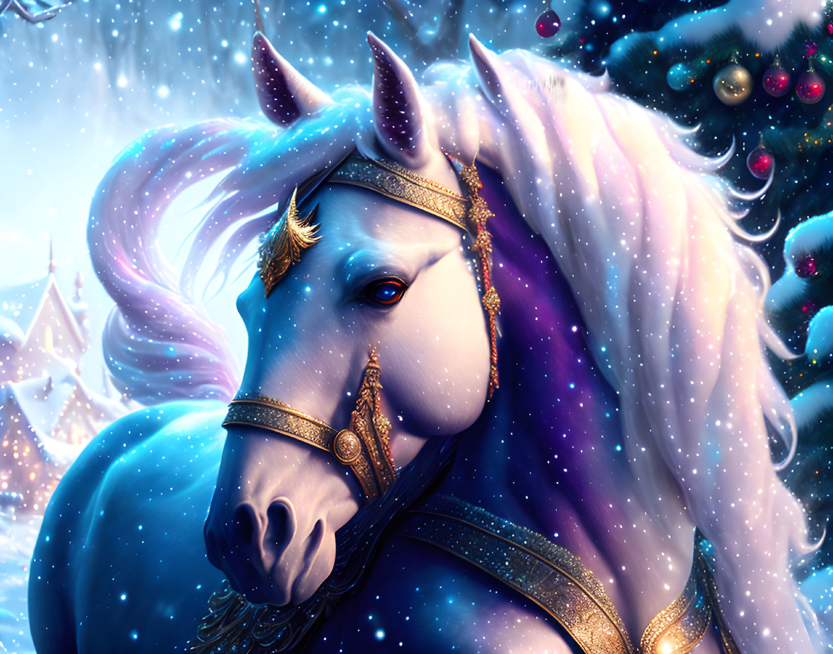 White horse with unicorn horn in golden harness on snowy Christmas background