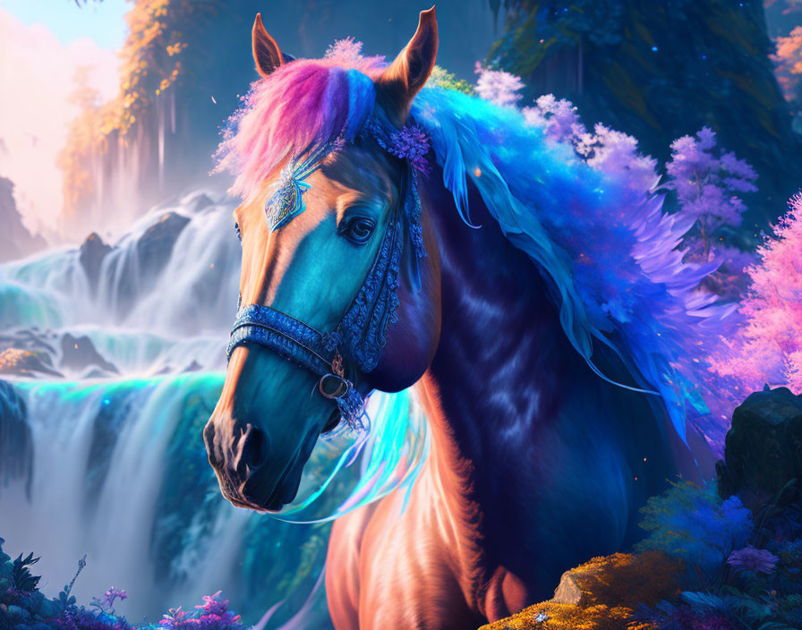 Fantasy horse with pink mane in mystical landscape