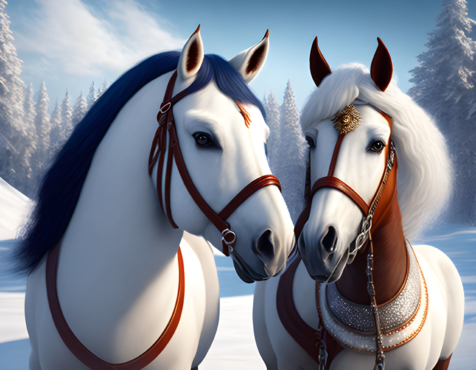 Majestic white horses with ornate bridles in snowy forest landscape