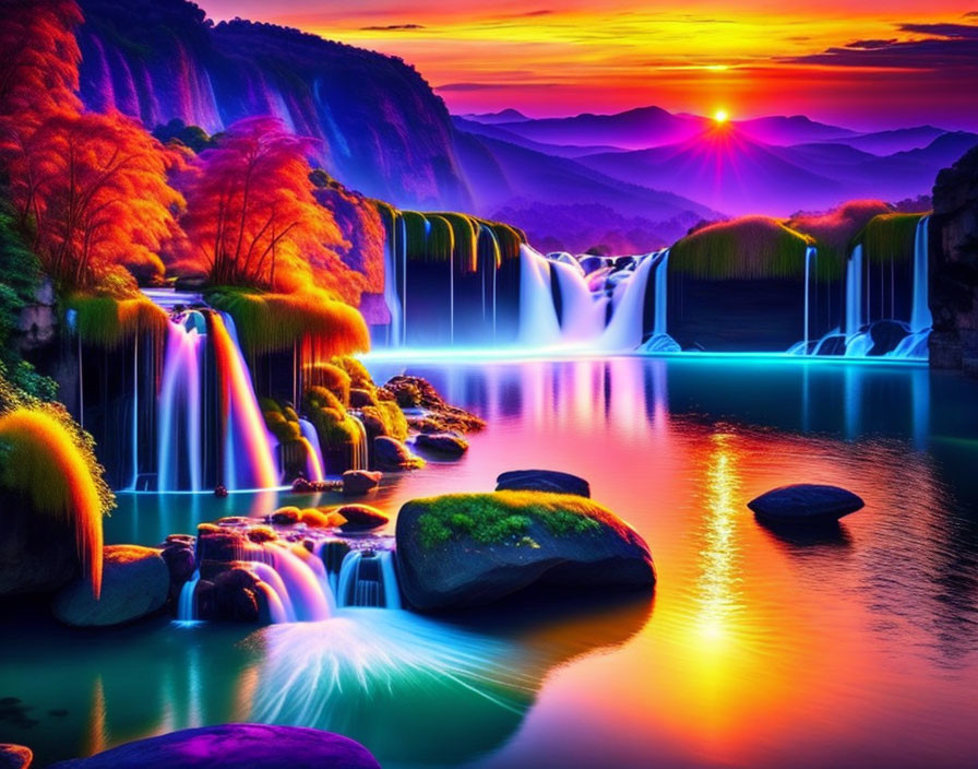 Scenic sunset over cascading waterfall with lush foliage