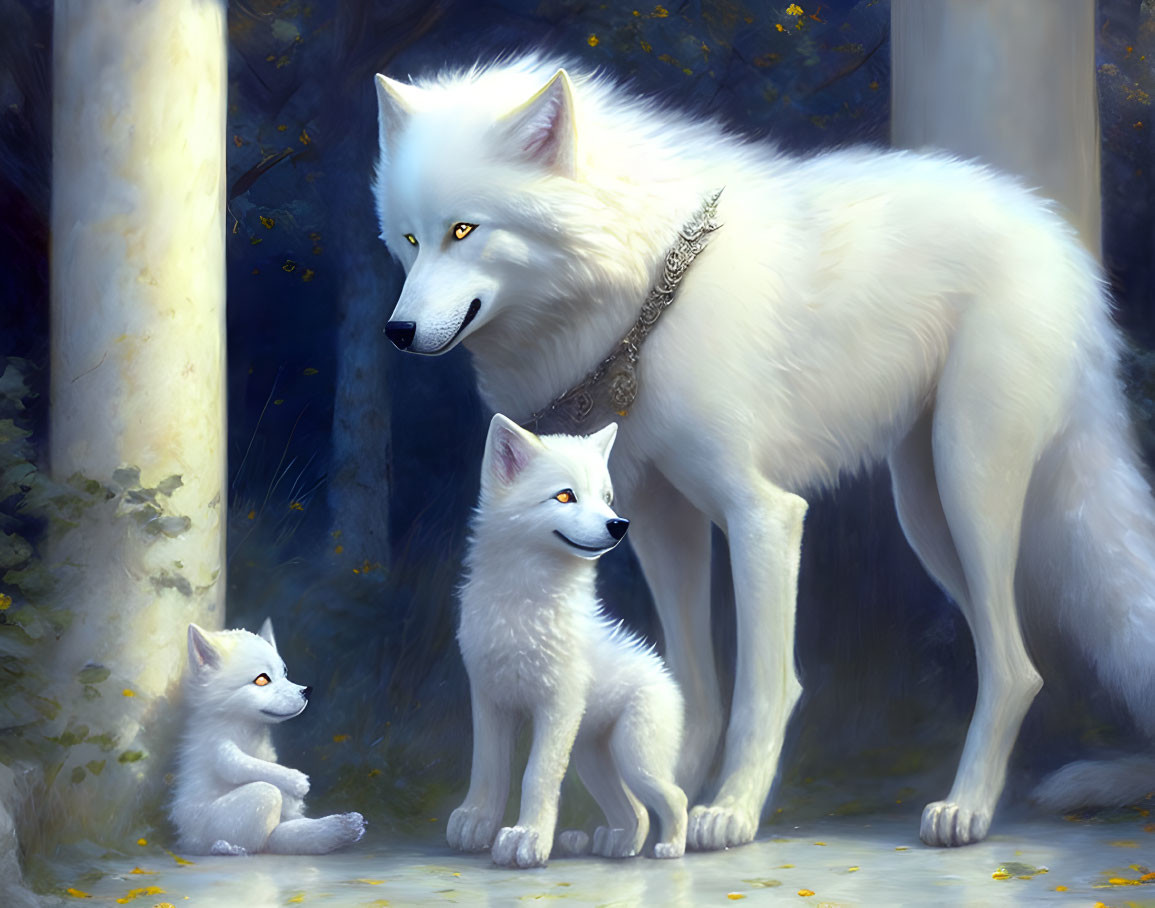 White wolf with chain collar and wolf pups in forest setting with fallen leaves