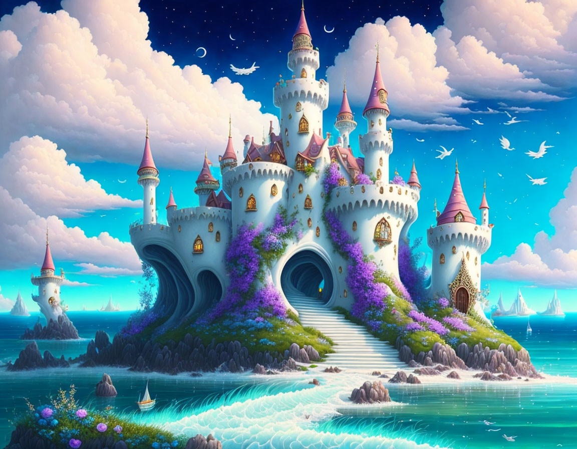 Fantasy castle with turrets by sparkling sea and purple flora