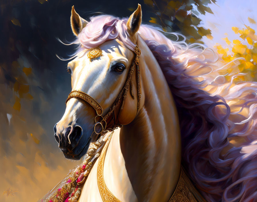 Majestic palomino horse with pink mane and golden bridle in autumn scene