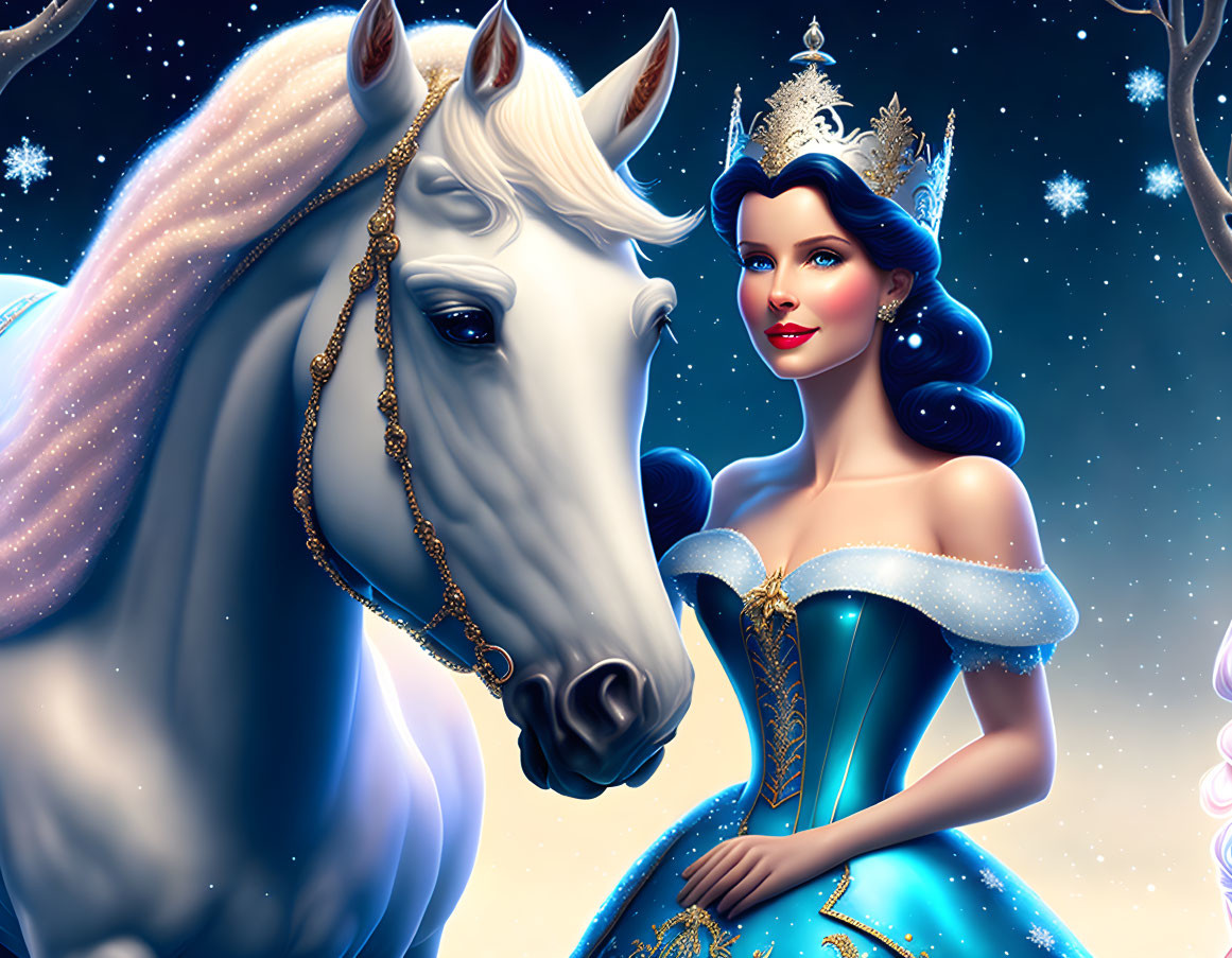 Dark-haired princess in blue gown with white horse under starry night