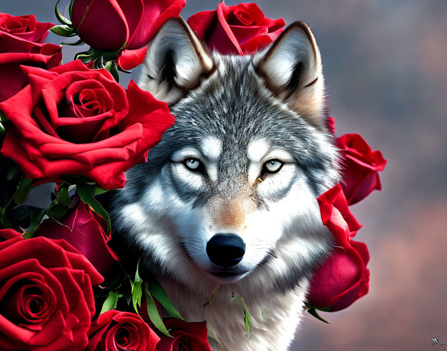 Digital artwork: Wolf face in red rose bouquet