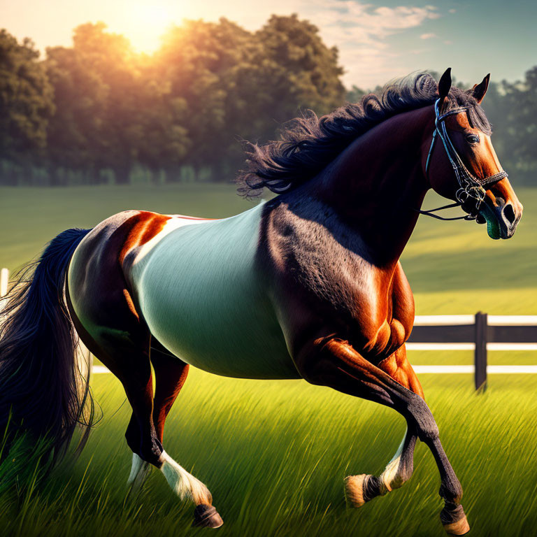 Majestic bay horse with white patch running in sunny pasture