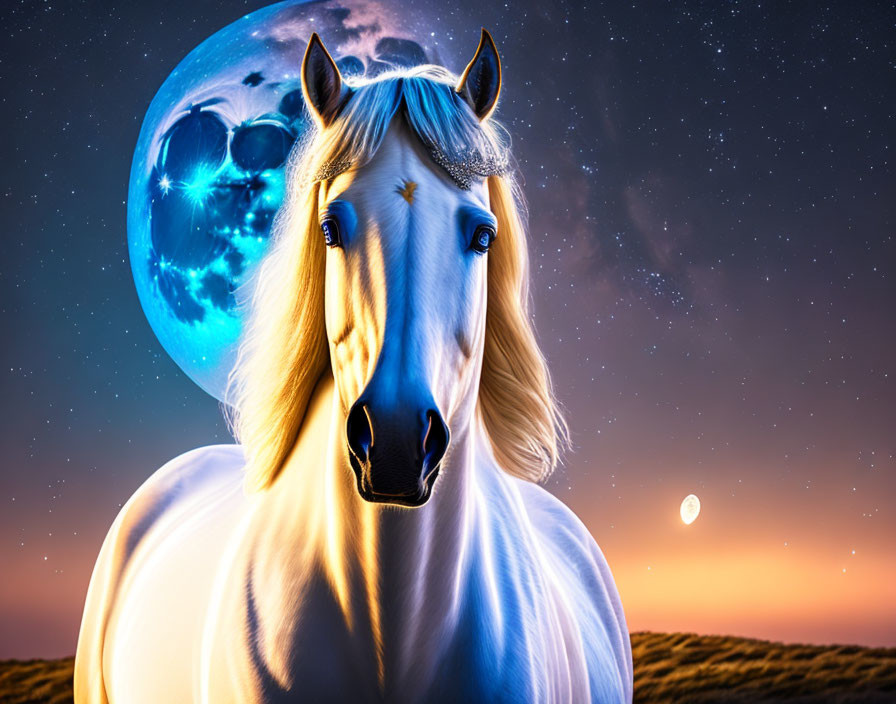 Majestic white horse with shimmering mane in surreal moonlit scene