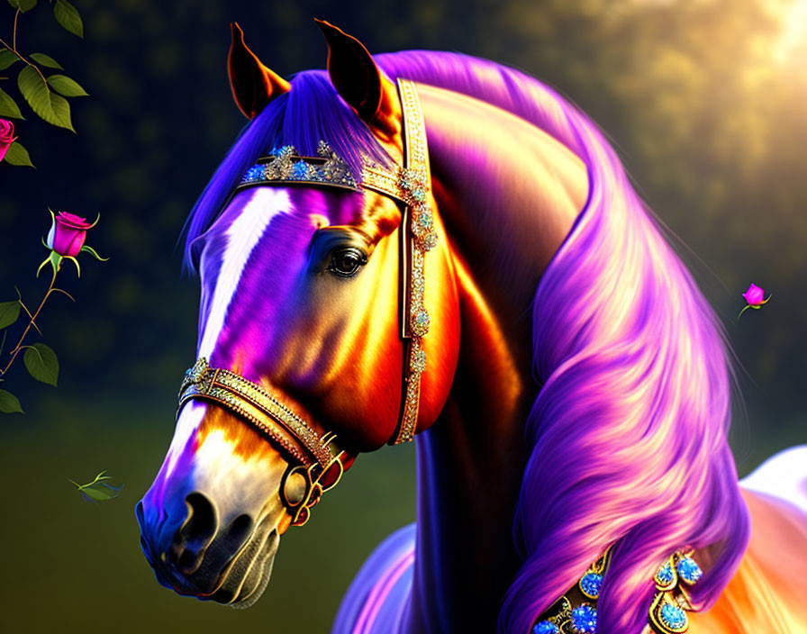 Majestic horse with purple mane and golden bridle in sunlit glade with roses