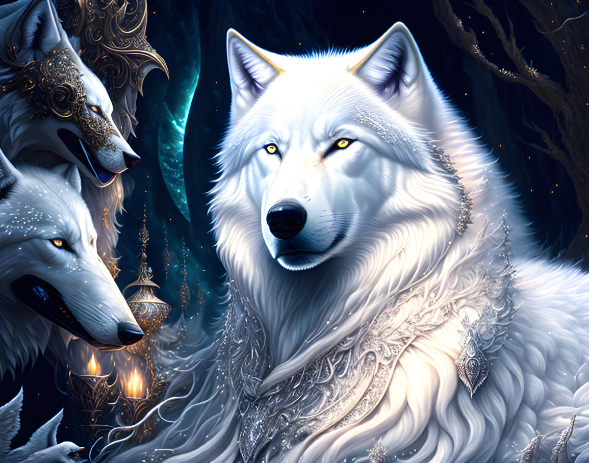 Majestic magical wolves with ornate markings in blue light