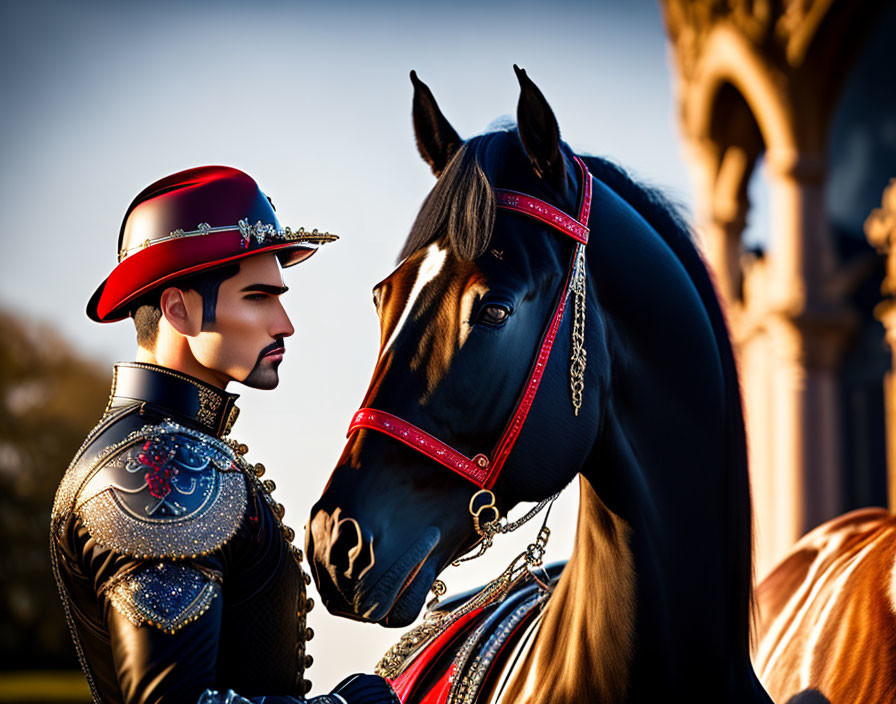 Man in ornate matador outfit and horse with red reins in close connection.