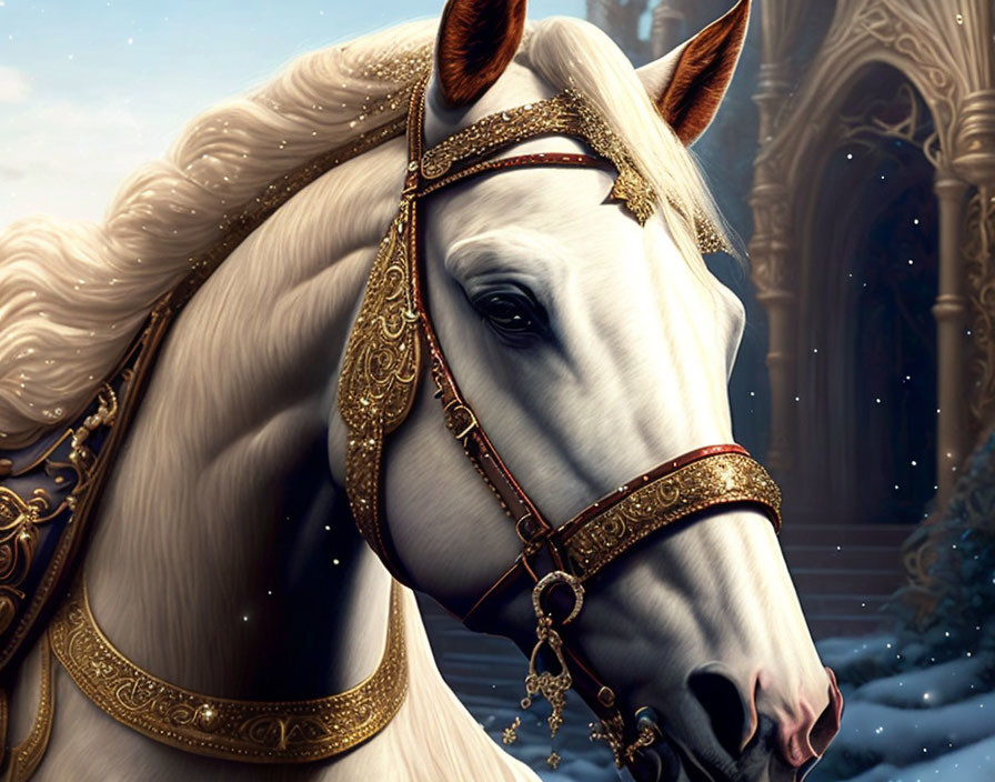 White Horse with Golden Bridle and Headdress in Front of Ornate Archway