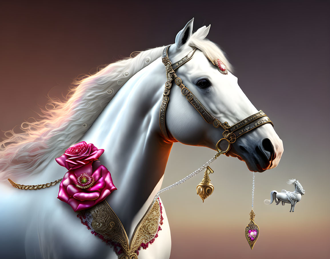 White Horse with Golden Jewelry and Pink Rose on Gradient Background