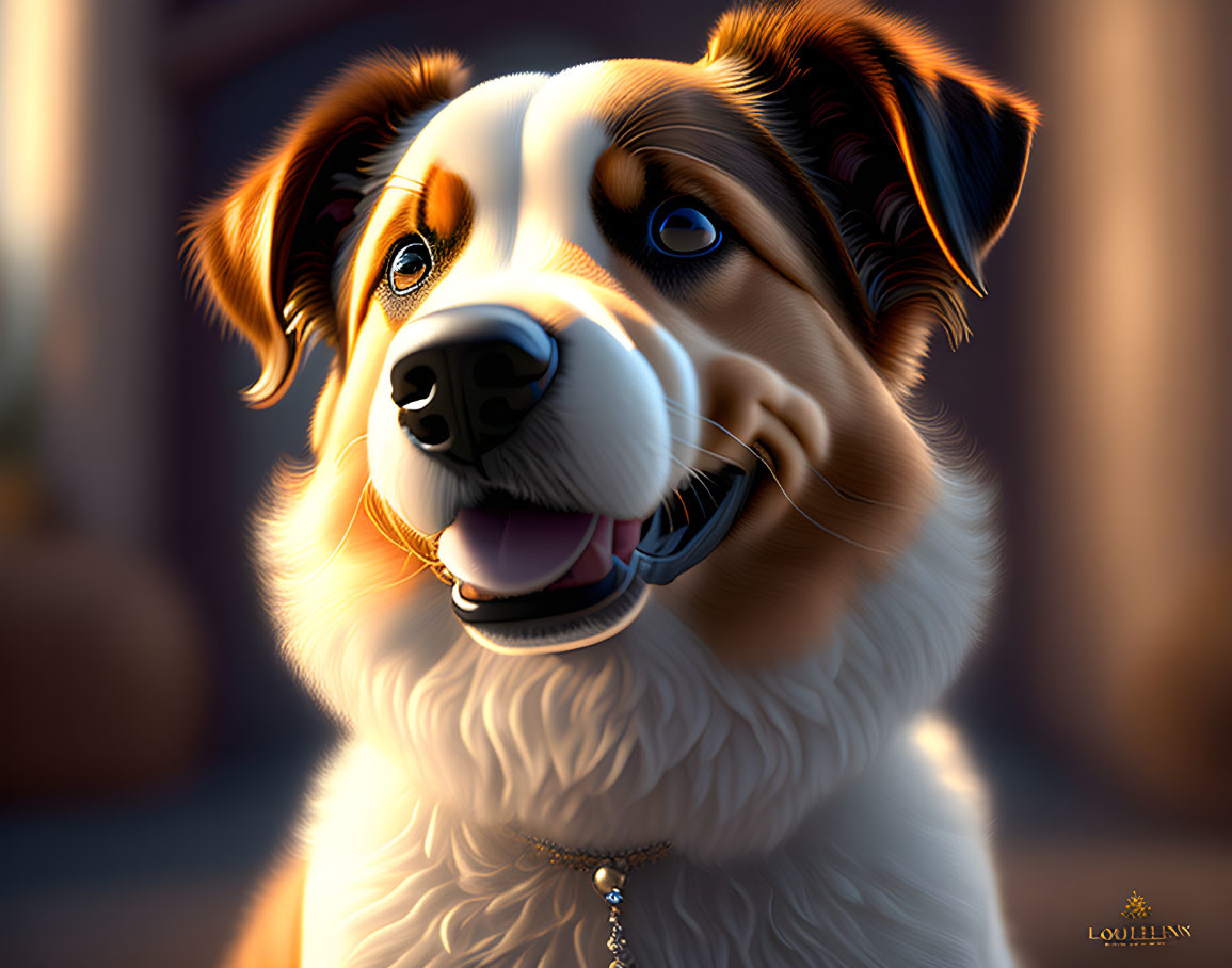 Cartoon-style dog with golden collar in warm light