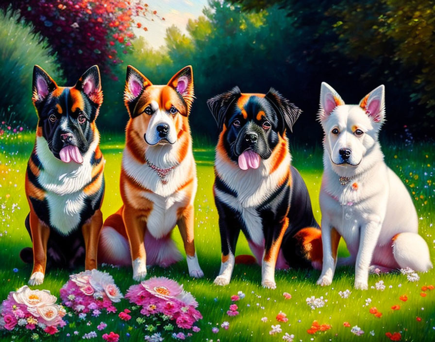 Colorful Dogs Sitting in Vibrant Garden with Tongues Out